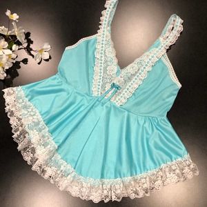Vintage Glencraft Aqua Blue Lace Peplum Chemise Camisole Tank Lingerie Top